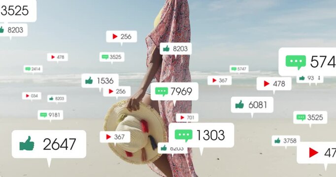 Woman walking shore movement sparking social notifications around hat and kimono showing engagement
