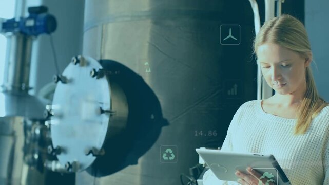 Female engineer tapping tablet in plant, adding CO2 graphs and overlays for live monitoring