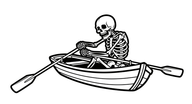 Skeleton Rowing a Wooden Boat, Vector Illustration of Grim Reaper Ferryman Isolated on White