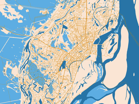 Street map of Yakutsk, Russian Federation in golden linework with blue water