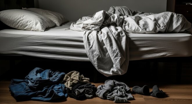 Messy bedroom scene with unmade bed and scattered clothes on the floor.