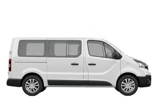Side view of a modern white commercial van isolated on transparent background