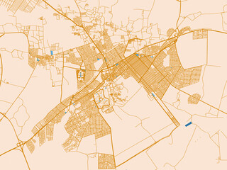 Fototapeta premium City map of Al Kharj, Saudi Arabia — minimal parchment-toned map with golden street network and sky-blue water areas