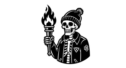 Naklejka premium Vintage skeleton wearing a beanie and jacket holding a burning torch vector illustration for apparel design