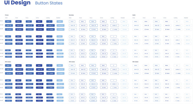 UI design button states. Active, hover, focus, disabled and loading styles. Primary secondary buttons with shadow variations. Web interface elements, digital components, app design, user experience