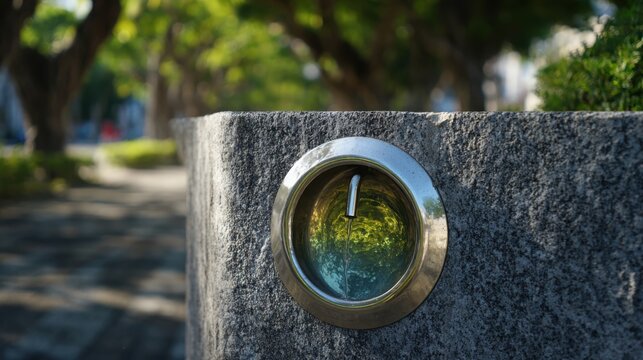 Recessed stainless steel water bubbler with metallic accents mounted on textured stone wall outdoors
