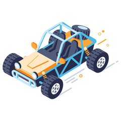 Naklejka premium Isometric cartoon dune buggy with blue frame and large off-road tires. No editable stroke