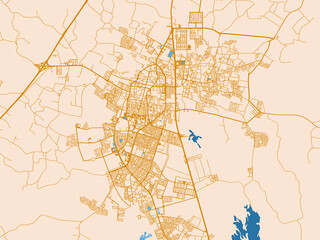 Obraz premium City map of Sakakah, Saudi Arabia — soft ivory map base with ochre-gold streets and clear blue water shapes for crisp contrast