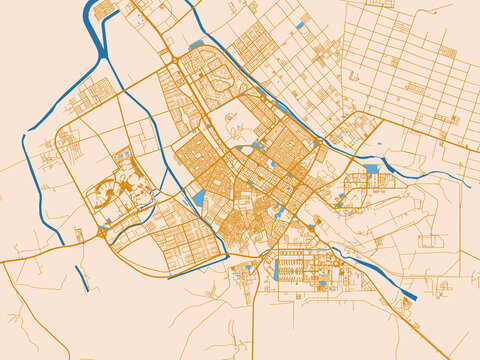 Street network map of Tabuk, Saudi Arabia, cream map with golden roads