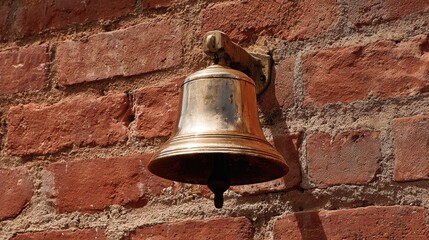 Fototapeta premium Polished brass school bell mounted on a textured brick wall, an antique object symbolizing tradition and announcements.