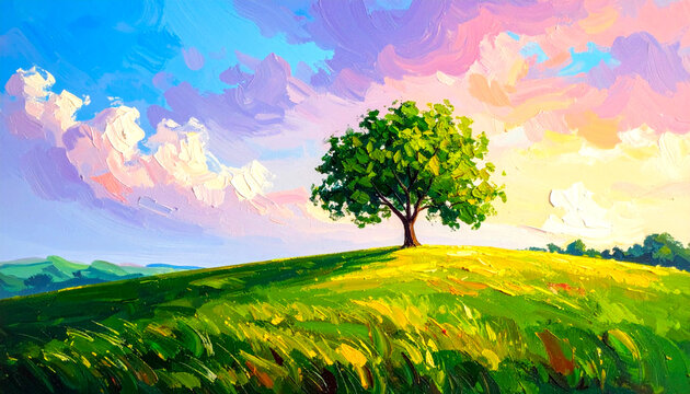 A vibrant tree stands on a rolling green hill