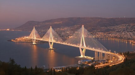 Obraz premium Modern suspension bridge illuminated at dusk over water with city lights and distant hills