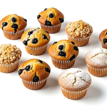 Assorted muffins with different toppings are shown