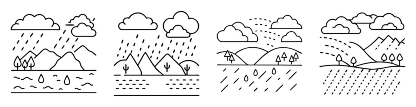 Four different stages of rainwater harvesting in a mountain ecosystem illustration
