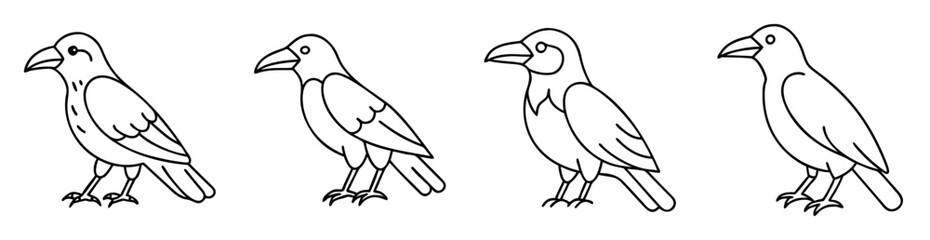 Fototapeta premium Four outline illustrations of crows or ravens standing side by side