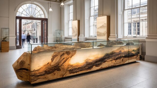 Elegant Light Oak Information Desk with Natural Grain Patterns in a Museum Gallery