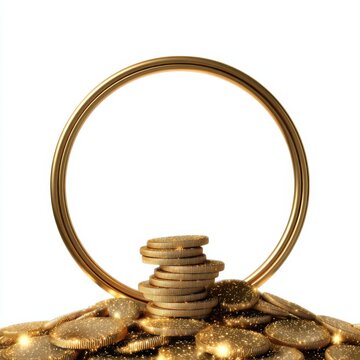 Golden coins stacked within circular ring on sparkling surface