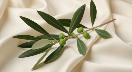 Obraz premium Olive branch with fresh green olives on soft off white fabric background