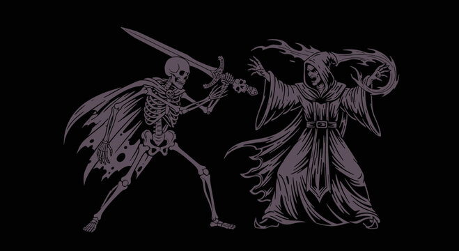 Fantasy battle illustration between a skeleton warrior with a sword and a hooded necromancer mage casting magic spells on a dark background.