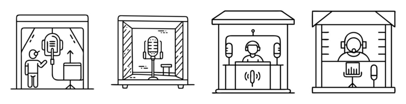 Outlined cartoon depictions of individuals inside sound recording booth or media studio