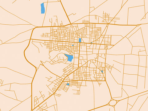 City map of Al Bab, Syrian Arab Republic &mdash; soft ivory map base with ochre-gold streets and clear blue water shapes for crisp contrast