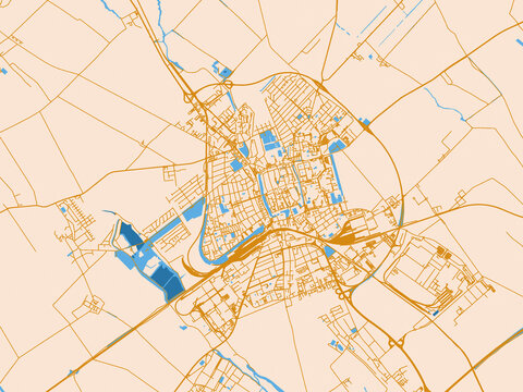 Cartographic city illustration of Trnava, Slovakia &mdash; warm neutral map design featuring golden roads, pale cream land and bright blue water accents