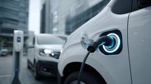 White electric delivery van parked at a modern charging station, connected to charger, showcasing clean energy logistics and sustainable urban transportation.