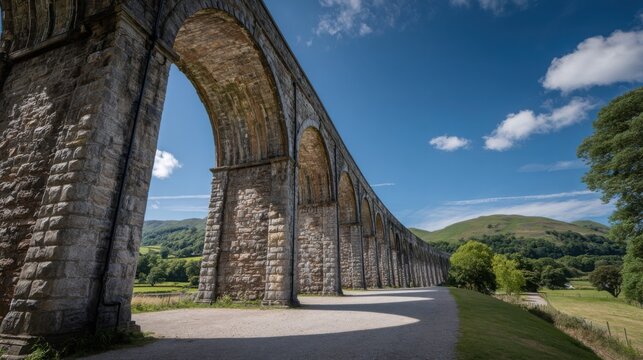 Majestic Grand Stone Viaduct with Multiple Parabolic Arches on a Sunny Day