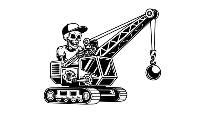 Vintage Skeleton Operator Driving a Mobile Crane with Wrecking Ball, Monochrome Vector Illustration for Demolition and Construction Mascot