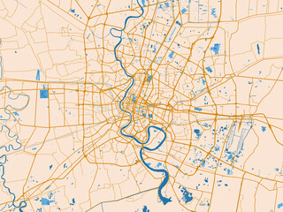 Obraz premium Urban map poster of Greater Bangkok, Thailand with light cream city field with mustard-gold linework and vivid blue lakes, rivers and waterways