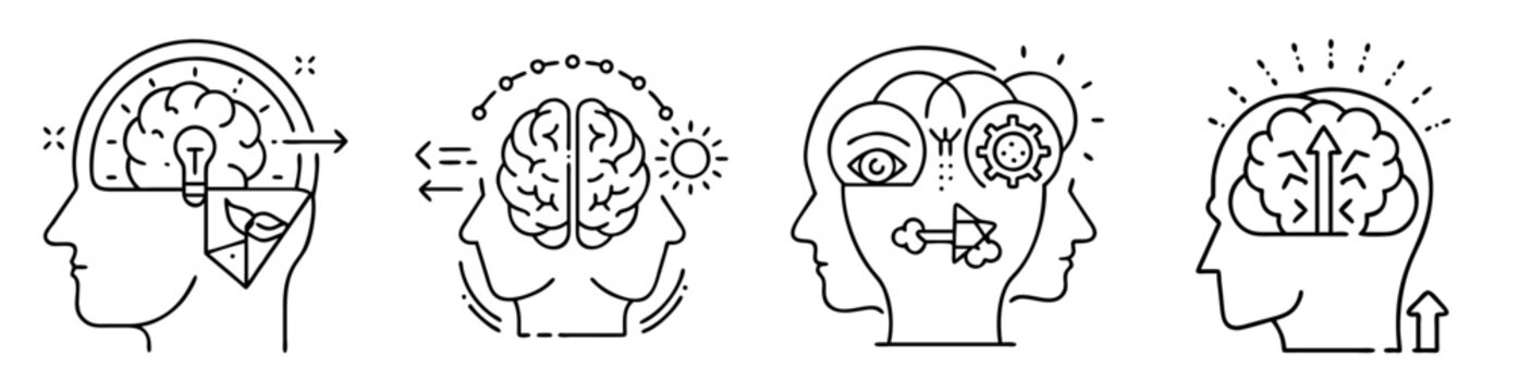 Collection of line drawings depicting the human brain and mental processes
