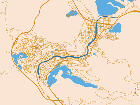Street map of Amasya, T&uuml;rkiye in golden linework with blue water
