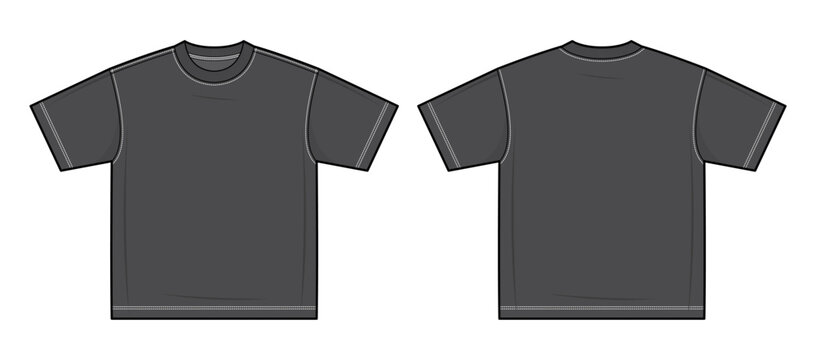 Charcoal Black Oversized Boxy T-Shirt Technical Flat Sketch - contrast stitching Heavy Jersey Tee Vector Template