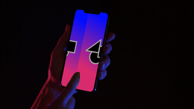 Mobile Dark Mockup 9 Swipe Double Color &ndash; Modern Smartphone Screen in Dark Theme, Black Device Presentation with Touch Gestures for App UI UX Showcase and Social Media Content