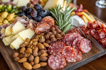 Obraz premium Gourmet charcuterie board with variety of meats cheeses and fruits