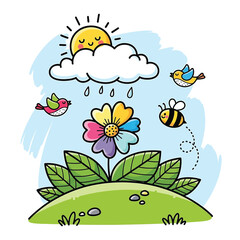 Naklejka premium Colorful cartoon scene with a flower, sun, cloud, birds, and bee