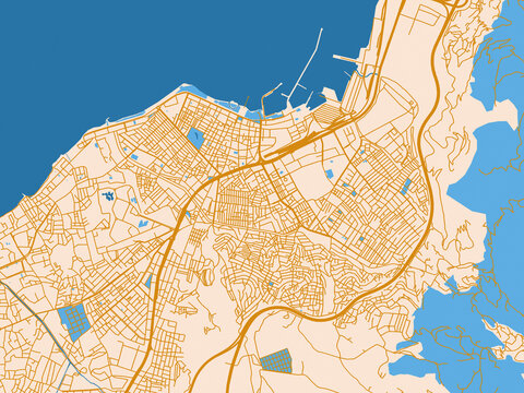 Street map of Iskenderun, T&uuml;rkiye in golden linework with blue water