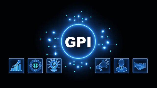 GPI Acronym on Central Circuit Board. Digital Data Neon Circuit Board Concept. Idea, Growth, Target, Marketing, Lock, and Person Icons. Digital Technology Blue Background. 4k Video
