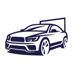 Logo concesionario de coches. Dibujo con líneas de la vista en perspectiva de un vehículo de lujo, con un cuadrado de fondo  © teracreonte