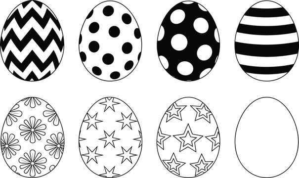 Decorative Easter eggs, zigzag pattern, polka dots, striped egg, floral design, star outline, holiday craft icons, flat vector illustration