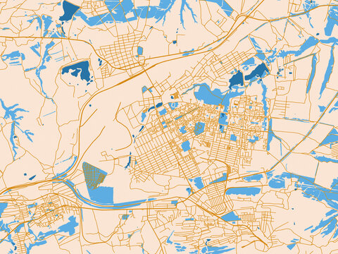 City map of Alchevsk, Ukraine &ndash; cream map with golden roads