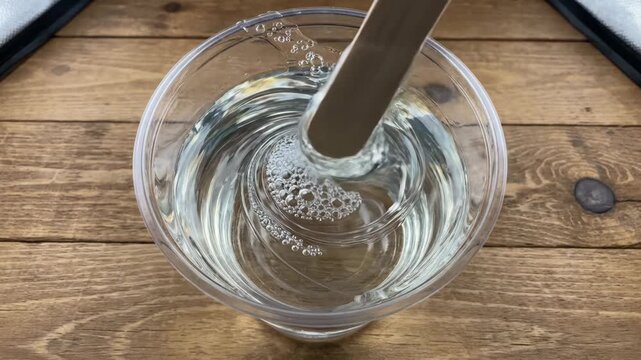Overhead View Mixing Clear Resin and Hardener in Plastic Cup