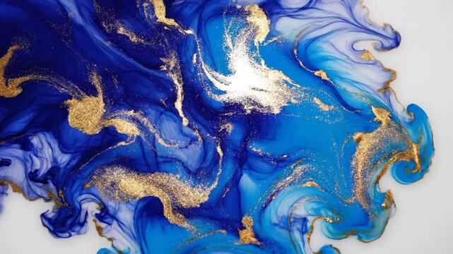 Abstract Deep Indigo and Cyan Alcohol Ink Flowing with Metallic Gold