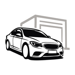 Logo concesionario de coches. Dibujo con líneas de la vista en perspectiva de un vehículo de lujo, con un garaje de fondo © teracreonte