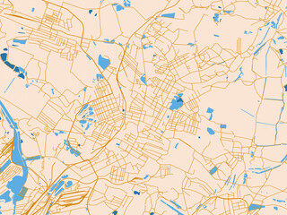 Obraz premium City map of Kadiyivka, Ukraine — warm cream background with golden road lines and bright blue water in a clean flat cartographic style