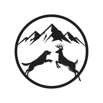 A black and white circular silhouette design featuring a dog and a deer facing each other outdoors
