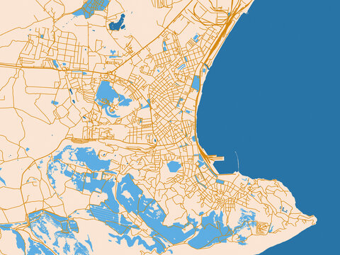 Street network map of Feodosiya, Ukraine, featuring warm cream background with golden road lines and bright blue water in a clean flat cartographic style