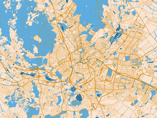 Fototapeta premium Minimal city map of Kharkiv, Ukraine with gold and blue map palette