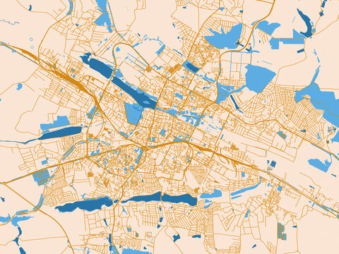 Minimal city map of Khmelnytskyi, Ukraine with gold and blue map palette