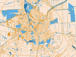 Naklejka premium Street map of Kropyvnytskyy, Ukraine in mustard-gold streets on cream